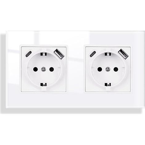 Dual Glass Socket with USB Port White, USB A & Type C Max 2.1 Amp 16 Amp Tempered Glass 157mm x 86mm Plug 2 Compartments 250V (1/5)