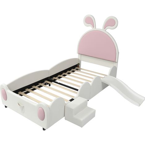 Letto imbottito coniglio per bambini con scivolo e scala, PU bianco/rosa, 90 x 200 cm (1/5)