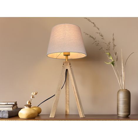 Große Tischlampe mit Dreibein aus Holz, Stoffschirm Creme Weiß, Höhe 55cm (1/5)