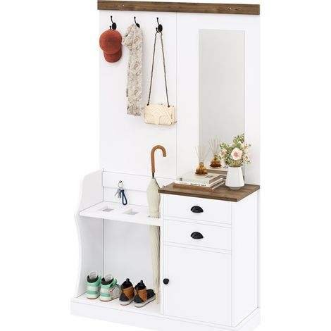 portemanteau multifonctionnel avec miroir rangement Particle Board Blanc 110.50 x 38.00 x 191.00 cm (1/4)