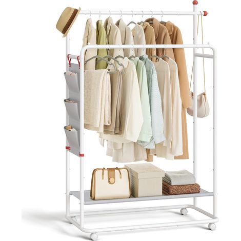 Porte-Manteau, Portant à Vêtement en Métal, avec Roulettes, 2 Barres de Suspension, Étagère de Rangement, Sac Latéral, Crochets en Forme d’Allumette, Blanc Mat HSR171W01 (1/5)
