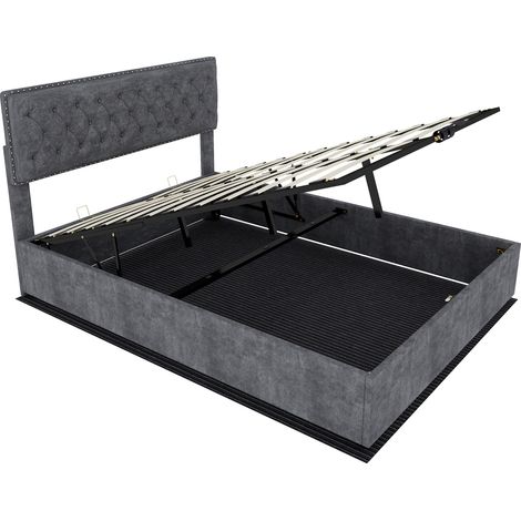 Letto contenitore imbottito grigio 140 x 200 cm con testiera alta e rete a doghe HOMVRA (1/5)