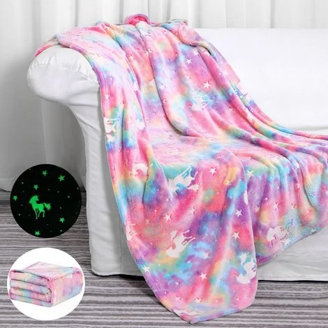 CCYKXA Kuschelige Kinderdecke - Leuchtet im Dunkeln - Weich - Für Mädchen und Kinder - Regenbogeneinhorn-Design - Leuchtet im Dunkeln - Aus weichem Flanell - Geschenk für Kinder (120 x 150 cm)