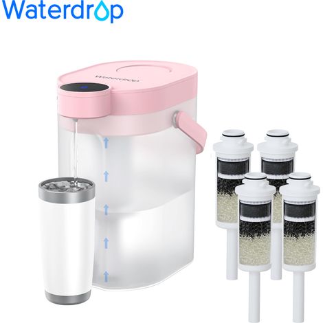 Waterdrop FreshTaste Water Hardener Electric Water Filter Jug, 4L Water Filter Dispenser for Refrigerator, Reduces Limescale, Chlorine, Lead, Copper, Cleans, Pink (With 4 Litre Filters) (1/5)