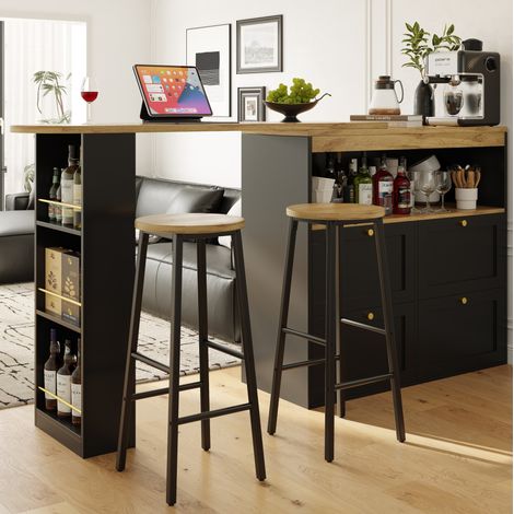 Conjunto de barra para cocina (138x39x105 cm), con mesa de isla y 2 taburetes, con almacenaje, metal negro (1/5)