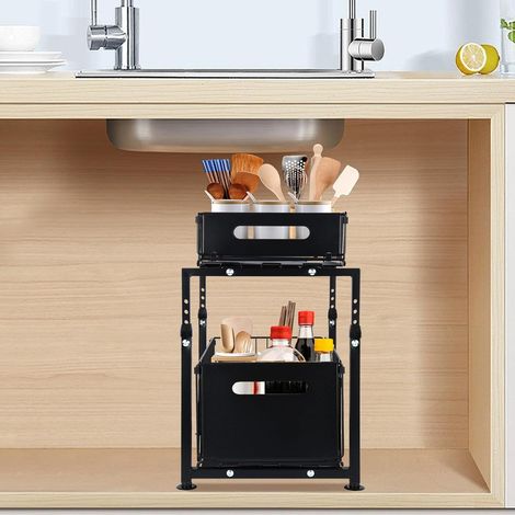 1 - Organisateur Coulissant - Étagère à Épices - Rangement Sous Évier avec 2 Tiroirs - Pour Cuisine et Salle de Bain - Noir - 29x38x49cm (1/5)