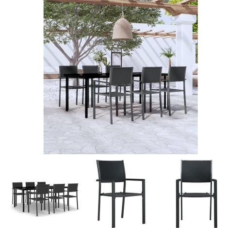 Gartenstühle - vidaXL 7-tlg. Garten-Essgruppe Schwarz - Rattan-Stühle (1/5)