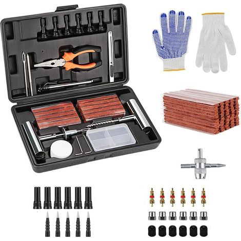 Kit Réparation Pneu 100PCS, Kit de Réparation de Pneu, Tubeless Roue de Pneu Crevaison Outil de Rectification Set pour Moto, VTT, Jeep, Voiture (1/5)