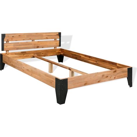 Cadre de lit 152 x 203 cm en bois d’acacia massif et acier noir, sans matelas ni lattes - PANGIVO (1/5)