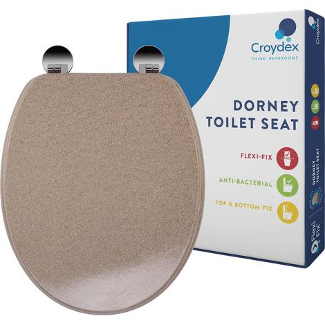Dorney Flexi-Fix Lunette WC en bois - Charnières réglables avec fixations supérieures et inférieures incluses et charnières chromées antirouille, surface traitée antibactérienne (effet grès) (1/5)