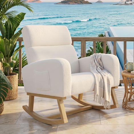 Rocking chair polaire Teddy avec pieds en bois massif - Fauteuil d'allaitement avec poches latérales - chaise berçante confortable pour salon et chambre bébé (1/5)