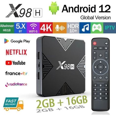 Cellfast – Boîtier Android TV 4K – Lecteur multimédia 2 Go RAM 16 Go – WiFi 6 – Décodeur H.265 jusqu'à 4K 60fps – HDMI 2.0a