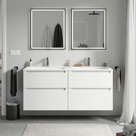 BERNSTEIN - Mueble lavabo doble suspendido MDF blanco mate, lavabos fundición blanca mate + orificios grifería, cajone giratorio 120x46x62cm VIREO blanco mate, Blanco mate con orificio para grifo.