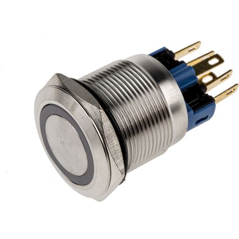 Bouton-poussoir, Verrouillable lumineux, LED Jaune, Unipolaire à deux directions (1RT), 5 A @ 250 V c.a., Argent, ( Prix pour 1 ) (1/2)