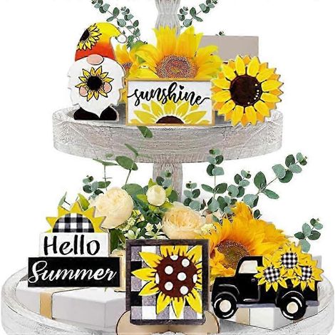 Décoration estivale pour plateaux à étages, plateaux de tournesols style ferme, panneaux en bois « Bonjour printemps » avec gnome et camion ensoleillé, motif rustique à carreaux Buffalo (1/5)