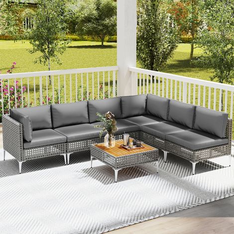 Ensemble de Meubles de Jardin 7 Pièces Canapé Sectionnel en Osier avec Coussins et Table Basse en Bois d'Acacia Gris (1/2)