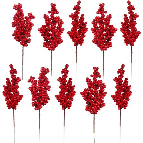 20 piezas de acebo artificial de 21 cm, bayas rojas artificiales, ramas de acebo para decoración de árboles de Navidad, coronas de flores, guirnaldas, manualidades DIY.