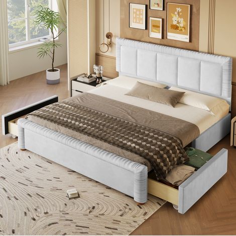 Lit 2 places 180x200 cm velours gris, 2 tiroirs de rangement, sans matelas - CHICFURN (1/5)