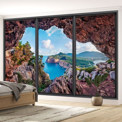 Papier peint panoramique Trompe l'oeil baie vitrée - Grotte vue mer - 130 cm x 78 cm (1/5)