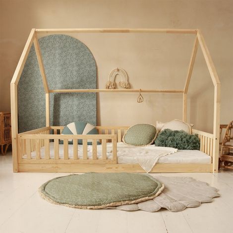 Cama cabaña 140x200 con barandilla y somier patas de 1 cm Daisy Madera (1/3)