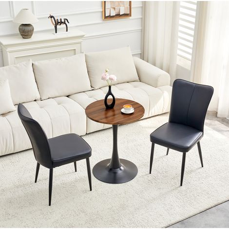 Set tavolo rotondo 60 cm in MDF con 2 sedie in PU nero, base nera, REDOM (1/5)