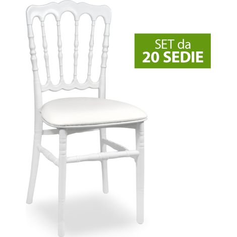 Set da 20 Sedie Napoleon in Plastica Bianche con cuscino similpelle bianco