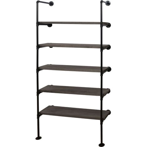 Libreria autoportante design industriale ripiano portaoggetti in legno grigio-marrone e metallo 165x80x28 cm 040008691