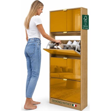 Scarpiera 4 Ante a Specchio Marrone Slim con Maniglia Salvaspazio 63x24x150cm (1/5)