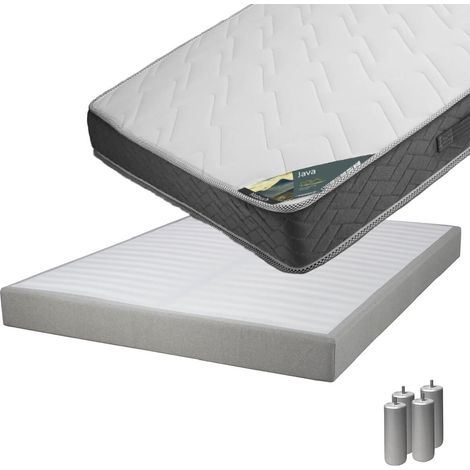 JAVA - Pack Matelas 160x200 + Sommier Tapissier Démontable 2x20 Lattes Lin + Pieds Argent 15cm (1/5)