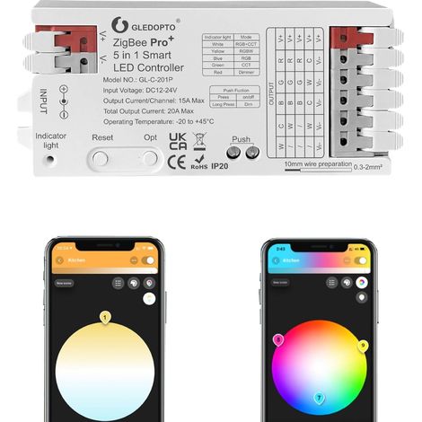 Contrôleur LED ZigBee 3.0 - 1 Unité - Aluminium Compact - 5 Modes RGBCCT 20A - Maison Connectée Alexa - 108x45x18mm (1/5)