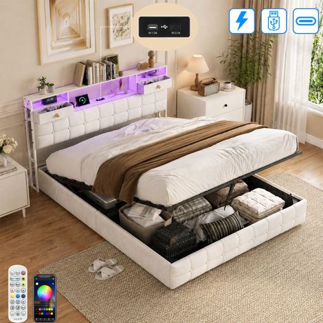 Lit Coffre 160x200 avec Rangement – Lit Double à Levage Hydraulique, Éclairage LED, Prises USB/Type-C, Tête de lit Rembourrée avec Rangements – Sommier Inclus – pour Ado et Adulte, Velours, Beige (1/5)