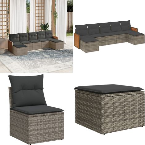7-tlg. Garten-Sofagarnitur mit Kissen Grau Poly Rattan - Gartenmöbel - Rattan Möbel - Lounge Set - Gartenlounge - Esszimmergarnitur - Home & Living (1/5)