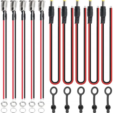 5.5 X 2.1mm DC Connecteur Kit, 5 Pièces DC-099 Panneau Monture Connecteur avec Ligne, 5 Pièces DC Power Male Pigtail Wire, avec Couvercle Étanche, pour CCTV de Sécurité (1/5)