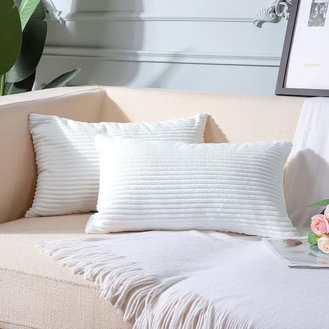 Lot de 2 housses de coussin décoratifs 30 x 50 cm - Velours côtélé - Couleur pure - Housse de coussin douce - Beige - 30 x 50 cm (1/3)