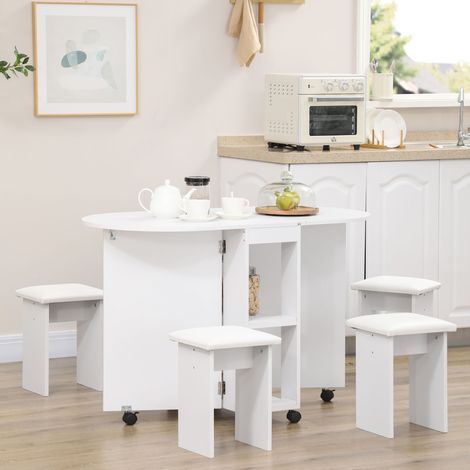 Ensemble de cuisine 5 pièces, table pliante avec 2 étagères et 4 tabourets en aggloméré, blanc (1/5)