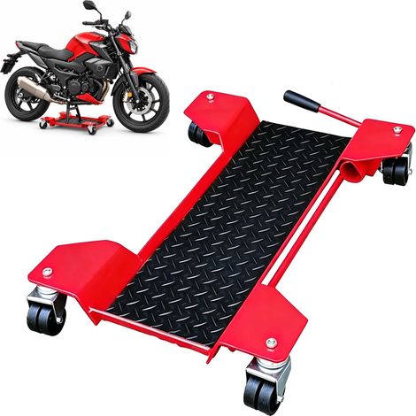 Relaxdays Chariot moto, jusqu'à 250 kg, pivotant à 360°, 4 roulettes doubles, plateau 56 x 19 cm, acier, rouge (1/5)