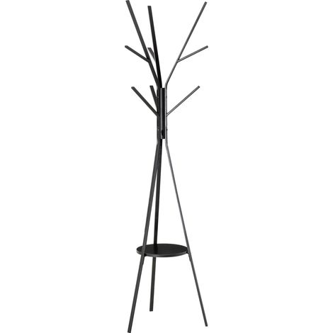 Perchero de pie negro de metal 180 cm con 3 barras, 8 ganchos y estante MDF (1/5)