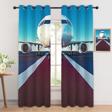 Rideau Occultant Avion - Décoration Avion, Rideau Thermique Motif Aéroport Aviation, Lot de 2 Rideaux Opaque à Oeillets pour Fenetre Chambre Salon Chambre Enfant, 140x160 cm (LxH) - 2x L 140 X H 160 c (1/5)