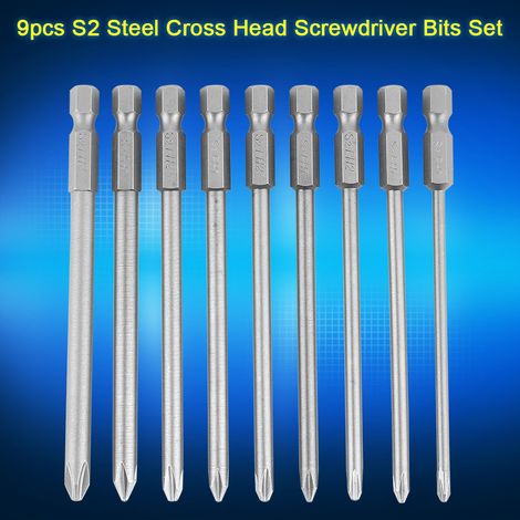 Jeu de 9 embouts de tournevis cruciformes en acier S2 PH1 PH2, tige hexagonale 1/4 pouce, 100 mm (1/5)