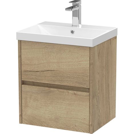 Nuie Havana Autumn Oak Woodgrain 500mm Wall Hung 2 Drawer Vanity Unit and Thin Edge Ceramic Basin - HAV802D (1/4)