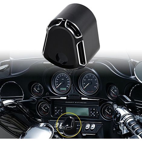 CNC-machined ignition switch cover for motorcycles, CNC-machined accessory made of billet aluminum with cut edges, compatible with Harley Touring Street Road Glide 2007-2013 (Black)