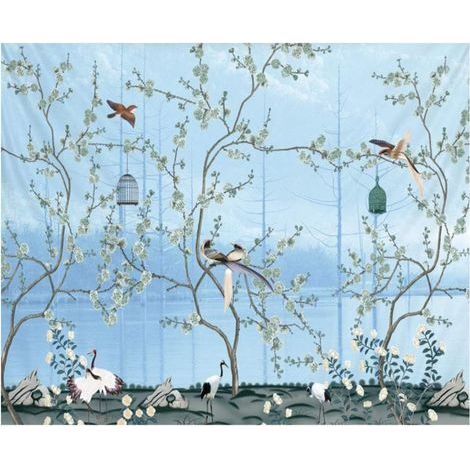 1 grande tapisserie murale bohème à motifs de fleurs et d'oiseaux bleus (1/5)