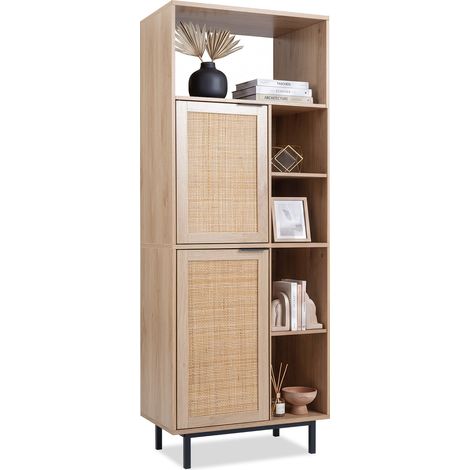 Armoire de Rangement avec Portes en Rotin, Meuble sur Pieds avec Étagères Réglables et Niches Ouvertes, Anti-basculement, 60 x 35 x 157 cm, Naturel (1/5)