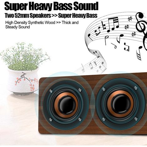 Enceinte Bluetooth en bois avec caisson de basses, radio FM, musique HiFi, horloge et réveil stéréo - Grain brun