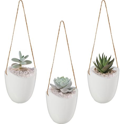 Relaxdays Wandvase 3er Set, Hängetopf innen, mit Schnur zum Aufhängen, Blumenampel, für Pflanzen & Blumen, Keramik, weiß (1/5)