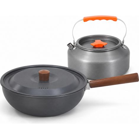Wok de camping en aluminium avec poignée bois et cafetière 1,1 L orange (1/5)