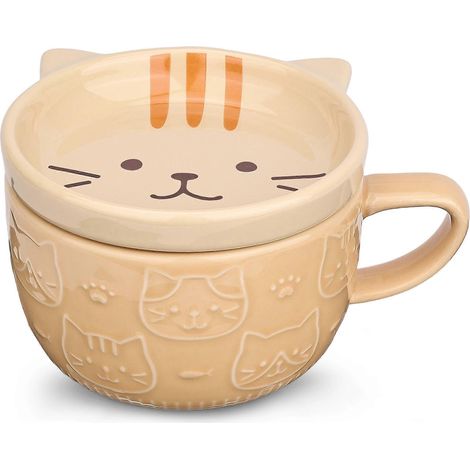 Cadeau de Noël ou d'anniversaire, tasse à café avec couvercle représentant un chat kawaii mignon, service à thé/café en céramique avec assiette à dessert, chat jaune (1/5)