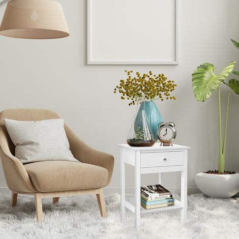 White Bedside Table Wooden Nightstand Cabinet Storage Unit with Shelf & Drawer (1/5)