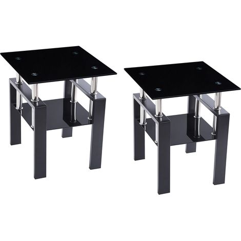 2er-Beistelltisch-Set aus schwarzem Hartglas, mit Metallbeinen, Wohnzimmer-Nachttisch (1/5)
