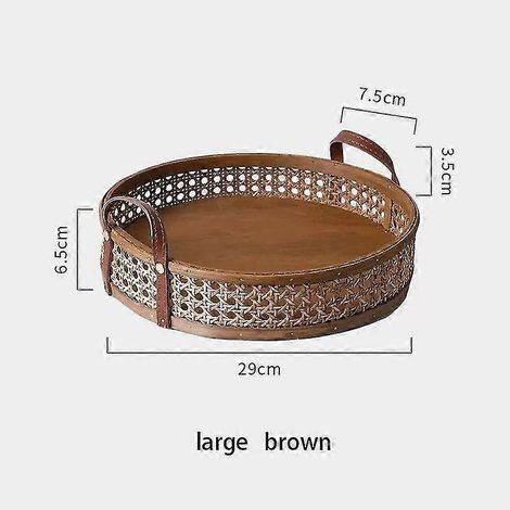 Antikes rundes Serviertablett aus Rattan, handgeflochtener Aufbewahrungskorb, nordisches Weidentablett mit Griff, Dessertkorb für Obst, Kuchen, Brot und Snacks – L braun